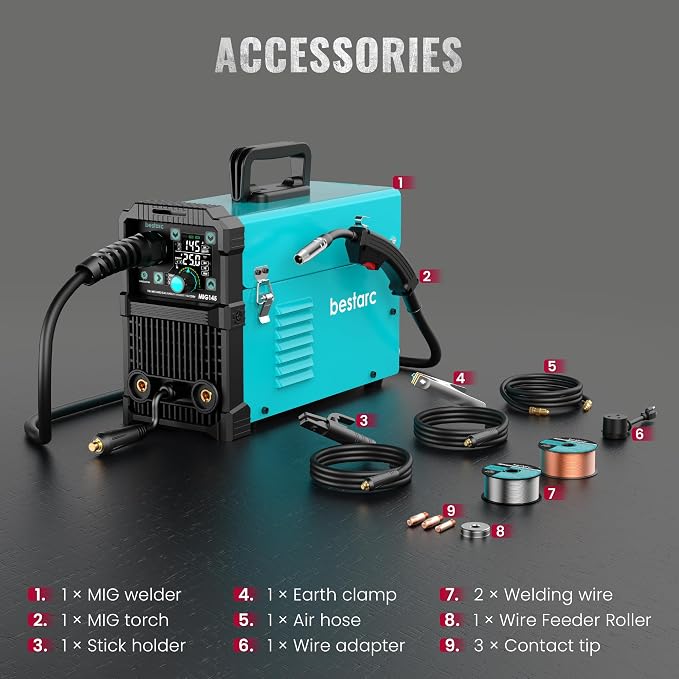 Bestarc 145A MIG Welder 110V 220V, 4 in 1 Gasless Flux Core MIG/Lift TIG/Stick Welder, Synergic IGBT Inverter Welding Machine with Large LED Display, Dual Voltage for Beginners DIY