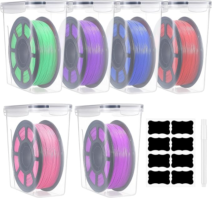 Blushtier 6 Pcs Large Filament Storage Box with Lids 3D Printer Dryer Clear Box Portable Storage with Label for 3D Printing Filaments Sealing and Protection 9.76 * 9.64 * 4.5inch