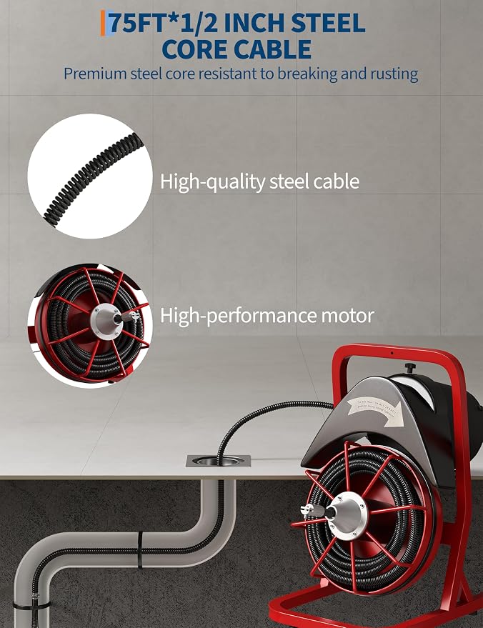 Garvee Drain Cleaner Machine 75FT x 1/2 Inch Steel Core Cable Portable 370W Electric Drain Cleaning Machine With Sewer Auger, Cutter, Air-activated Foot Switch, for Commercial, Home