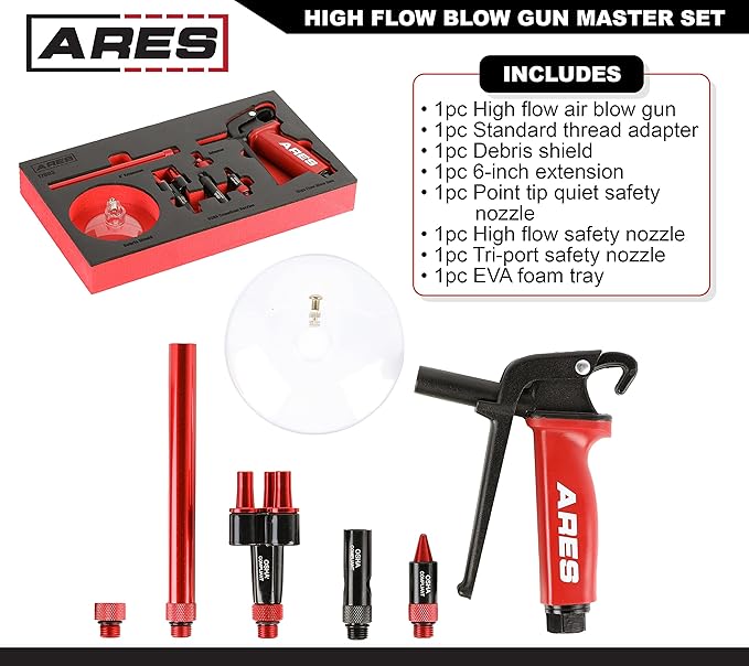 ARES 17003 – High Flow Air Blow Gun Master Set – Heavy Duty Aluminum Die Cast Body – Includes 3 Nozzles, 6-Inch Extension, Debris Shield, and Standard Thread Adapter - Meets OSHA Standards
