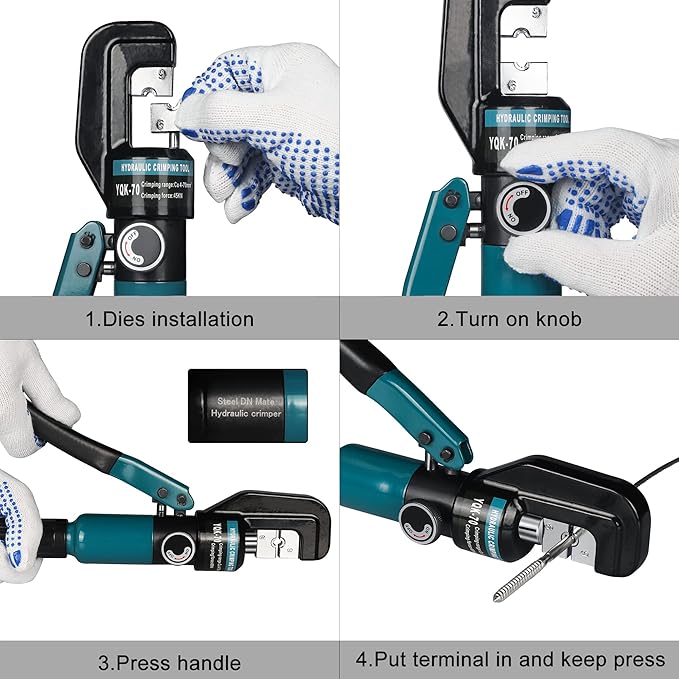 Hydraulic Crimping Tool for 1/8"-3/16" Cable Railing, Easy One-Hand Use, 10-Ton Crimper with 9 Harden Dies for 12-2/0 AWG, Steel DN Mate Durable Wire Crimper, Battery Cable Crimper DC01