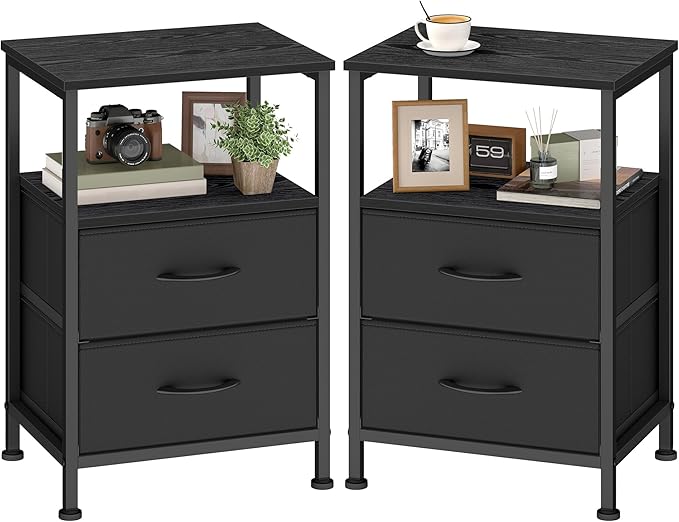 SONGMICS Nightstand, Bed Side Table, End Table with 2 Drawers and 1 Open Shelf, Industrial, Set of 2, Ink Black, BELLAH Collection ULGS062B101S