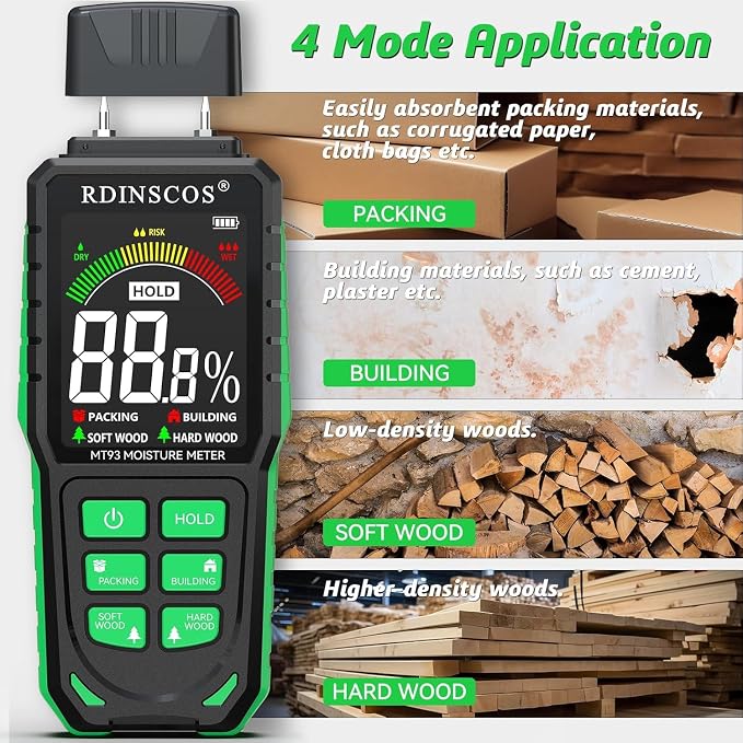 RDINSCOS Rechargeable Moisture Meter for Wood, Walls & Hardwood | Pin-Type Digital Moisture Tester, Large Color Display, Automatic Alarm, Calibration & HOLD Function for Firewood,Lumber