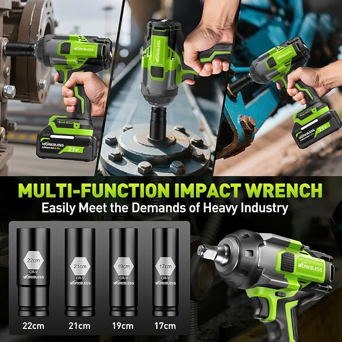 Cordless Impact Wrench 1/2 Inch, Max 1500Nm (1100Ft-lbs) Brushless High Torque Power Impact Gun with 4Ah Battery & Charger for Car Tire, Construction Work, Mower Lug Nut, 4 Sockets