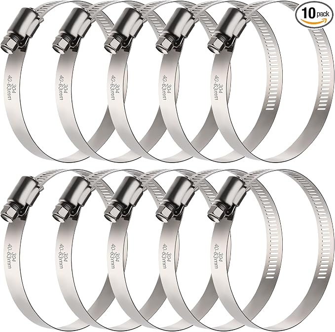 OURU 10PCS Hose Clamps Stainless Steel Adjustable 1-9/16"-2-1/2"(40-63mm) Worm Gear Hose Clamp, Heavy Duty Metal Small Hose Clamps for Automotive, Pipe, Radiator Plumbing, Fuel Line