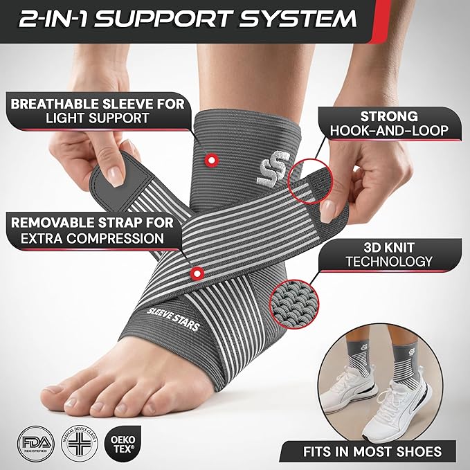 Sleeve Stars Ankle Brace for Women & Men, Ankle Wrap for Sprained Ankle, Compression Sleeve for Plantar Fasciitis Relief, Easy Customizable Support: w/Removable Strap (Single/S:9"-10"/Gray)