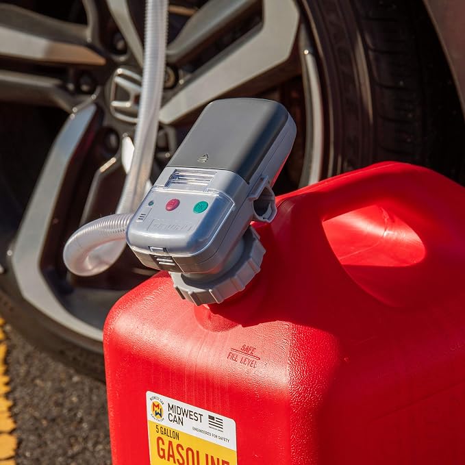Deway Automatic Fuel Transfer Pump w/Auto-Stop, 2.2 GPM Flow Rate & AA Battery Powered, Advanced Adapter Fits All Size Cans, Extra Long Hose, Portable Liquid Pump for Gasoline, Diesel Fuel & More