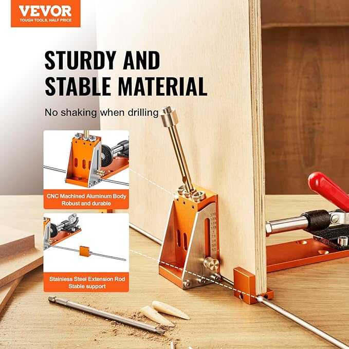 VEVOR Pocket Hole Jig Kit, 34 Pcs Pocket Hole Jig System with 11" C-clamp, Fixture, Step Drills, Wrenches, Drill Stop Rings, Square Drive Bits, Toolbox, Adjustable, for DIY Carpentry Projects
