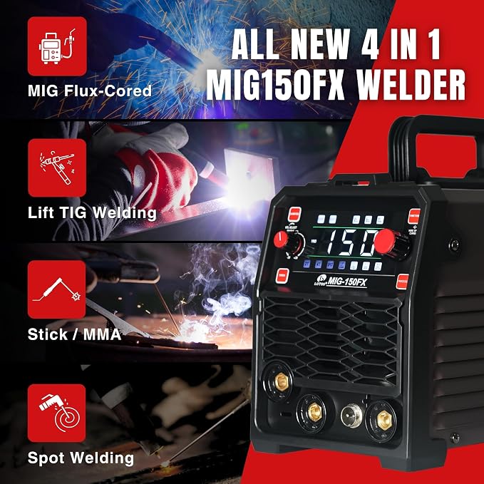 150A 3-in-1 Synergic MIG Flux Core Spot Welder 120V | Portable 8.2lb inverter automatically matches parameters | Joins 3/16" stainless steel sheets with clear LED tracking