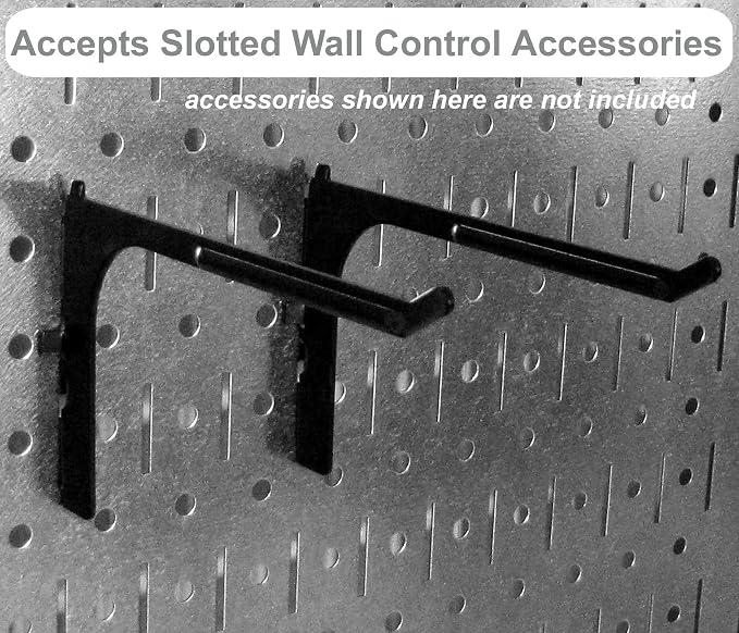 Wall Control Garage Storage Rack Lawn & Garden Tool Organization Wall Mount Organizer - Easy to Install 64" Wide Strong Galvanized Steel Pegboard Set (Shiny Metallic Pegboard)