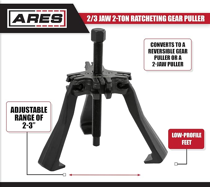 ARES 15036 - Reversible 2/3 Jaw 2-Ton Ratcheting Gear Puller - Chrome Moly Steel Construction - 2-Inch to 3-Inch Adjustable Range - Removes Gears, Pulleys, and Flywheels