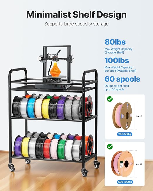 VEVOR 3D Printer Filament Storage Rack, 4 Tier Heavy Duty Storage Shelf, Rolling Filament Spool Holders Racks with Wheels, Filaments Organzied for 3D Printing Station, Office, Workshop (Shelf Only)