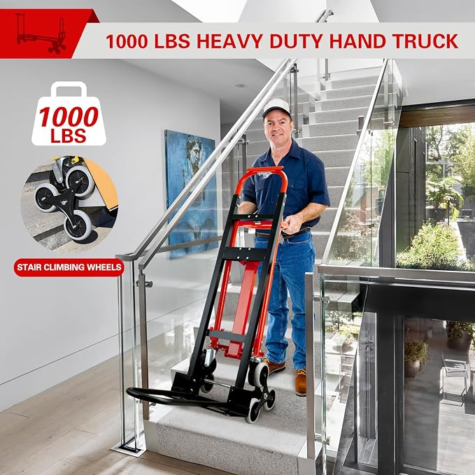 3 in 1 Industrial Convertible Hand Truck Dolly,1000 LBS Capacity Stair Dolly,Stair Climbing Hand Trucks Heavy Duty with Solid Wheels for Moving,Transport in Warehouses,Factory(Red)