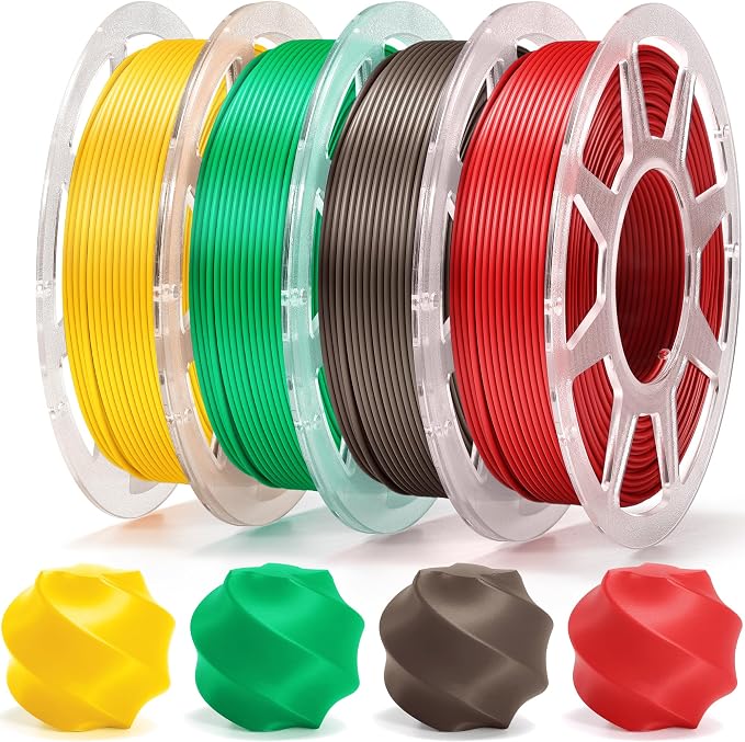 Pre-Dried PLA Basic 4x250g Bundle with Spool for Bambu Lab 3D Printers, Multicolor 1.75mm 3D Printing Filament, Green+Red+Yellow+Cocoa Brown