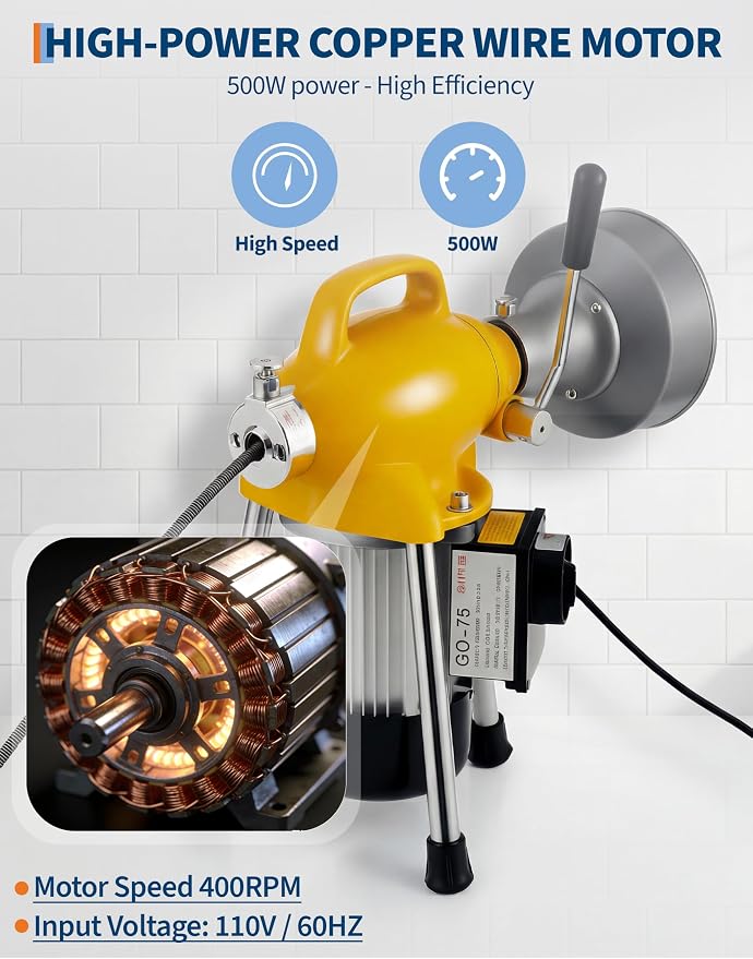 Professional Drain Cleaning Machine, Electric Sewer Snake Auger 500w 400RPM, Heavy-Duty Auto-Feed with 66Ft / 16Ft Cables & 6 Cutters for 3/4" to 4" Pipes for Sink Toilet Drainage