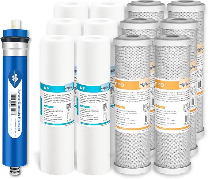 Membrane Solutions Replacement Filters for Hydro-Logic Stealth RO300 and RO150, 150 GPD RO Membrane, 5-Micron 10" x 2.5" PP Sediment and Carbon Filters