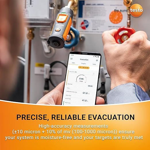 testo 552i Wireless Digital Vacuum Probe - Vacuum Gauge for HVAC Systems with IP54 Protection – 45° Service-Port Design - HVAC Tool for AC/R System Evacuation with Bluetooth and App