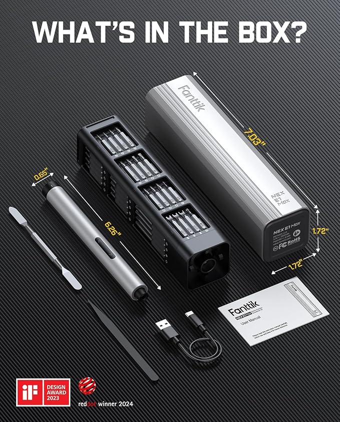 Fanttik E1 Max Electric Screwdriver, Mini Precision Screwdriver Set, 50 Magnetic Bits, Magnetic Storage, 5/32‘’Hex, Repair Tool Kit for Electronics Phone Camera Laptop Watch for Dad (Silver)