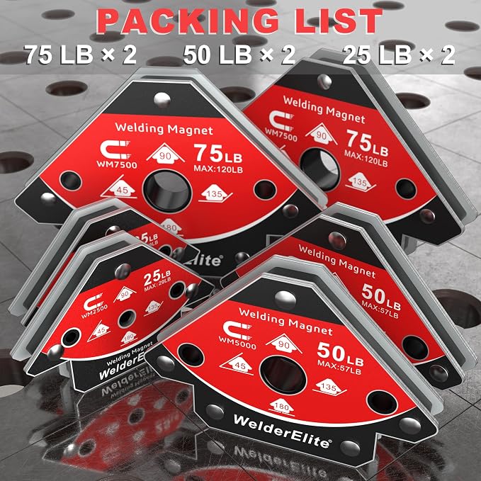 Welding Magnets 6-Pack: 2×25LB, 2×50LB, 2×75LB, Arrow Holder 45°/90°/135°, Galvanized Steel | Galvanized steel frame resists heat. Kit for light tack to heavy structural welding. Ideal for pro MIG/TIG/stick shop use