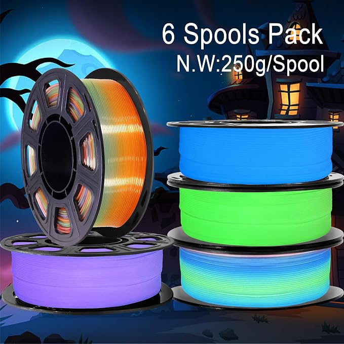 1.75mm PLA 3D Printer Filament Bundle: Glow in Dark Green/Blue/Purple/Rainbow, One Spool Clear Multi Colored, Each Spool 250g, Total 1.25Kg 3D Printing Material, 250g x 5 Spools Glow in Dark PLA
