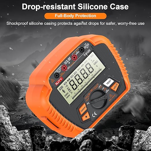 NJTY T6125 Digital Insulation Resistance Tester, 2500V Megohmmeter, 0.01MΩ–200GΩ, AC Voltage (10V-600V), Low Resistance (0.01Ω-60Ω), Data Hold, Over-Range Alarm, Auto Shutdown, Backlit LCD