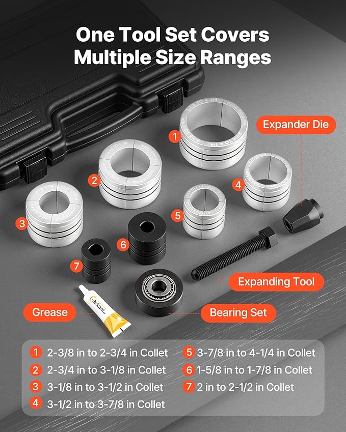 VEVOR Exhaust Pipe Expander Tool Kit, 1-5/8" to 4-1/4" Exhaust Pipe Stretcher, Muffler Pipes Spreader with 7 Heavy-Duty Collects & Storage Case, Automotive Car Tool Kit for Tailpipes Tubes