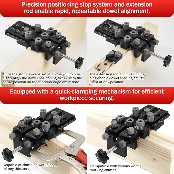 Woodworking Dowel Jig Kit, Precision Drill Guide with 1/4 3/8 1/2 Inch Bushings & Drill Bits, Adjustable Doweling Jig for Straight Holes, Quick Clamp System for Furniture Cabinet DIY Wood Joints