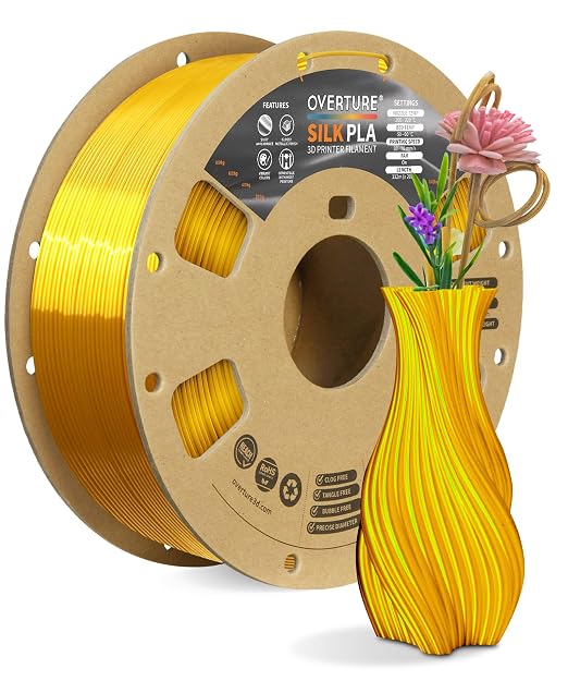 OVERTURE Silk Filament PLA 1.75mm Clog-Free Shiny 3D Printer Filament, 1kg Spool (2.2lbs), Dimensional Accuracy +/- 0.02 mm, Fit Most FDM Printer(Silk Gold)