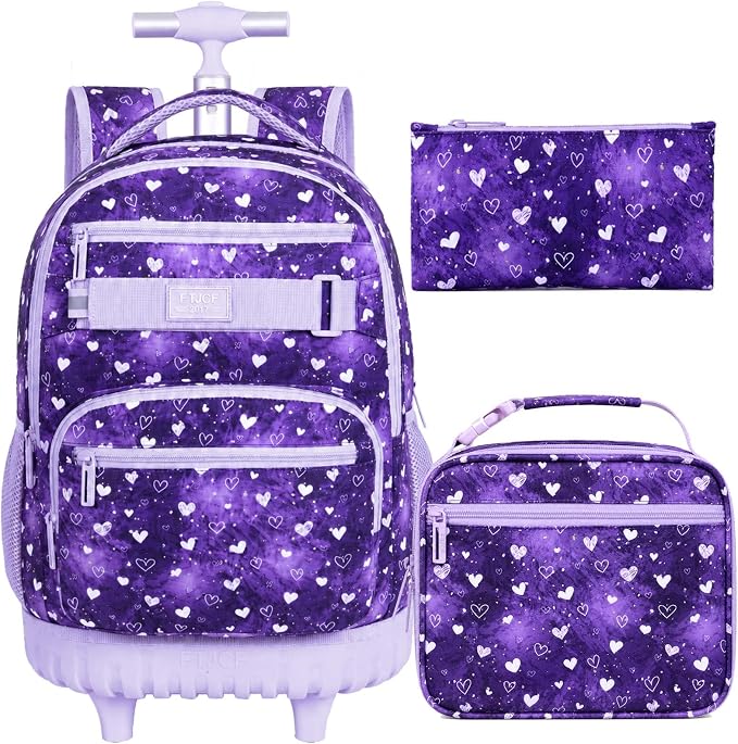 3Pcs Rolling Backpack for Girls Teens, 19" Wheeled Backpack with Lunch Box, Polka Dots Travel Roller Backpack for Women College Students (Purple)