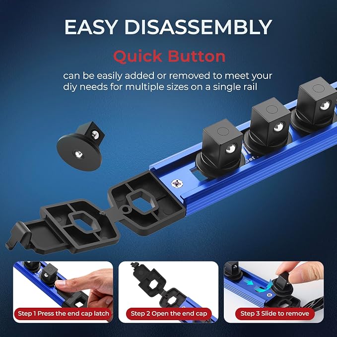 Reniteco Magnetic Socket Organizer Set, 6PC 1/2" 3/8" 1/4" Drive Aluminum Alloy Socket Holder with 80PC 360° Swivel Removable Clips, Magnetic Socket Rail for Tool Box Drawer, Black & Blue