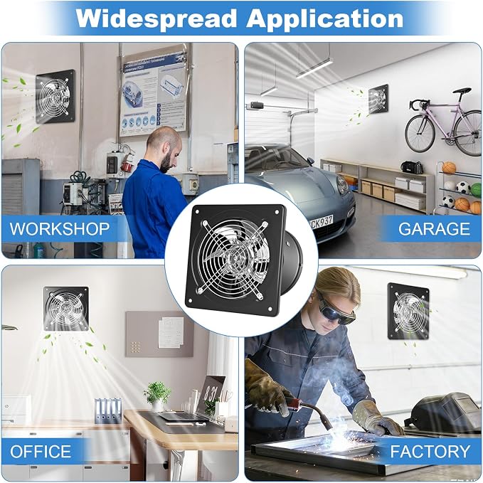 10-inch wall-mounted kitchen metal exhaust fan with switch, 382-576CFM, portable installation, with return air valve, suitable for attic, garage, bathroom, office, basement ventilation,Black