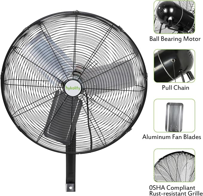hykolity 6500 CFM 24 in. High Velocity Industrial Wall Fan, 3-Speed, Heavy Duty Wall Mount Oscillating Shop Fan for Commercial, Warehouse, Garage, Workshops, Factory and Jobsites- UL Listed