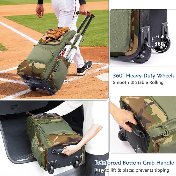Large Rolling Baseball Catchers Gear Bag with Wheels, Softball Bag with Hard Backing for 4 Bats,Equipment Bag with Separate Shoe & Helmet Compartments, Youth Baseball Bag with 360° Spinner Wheels