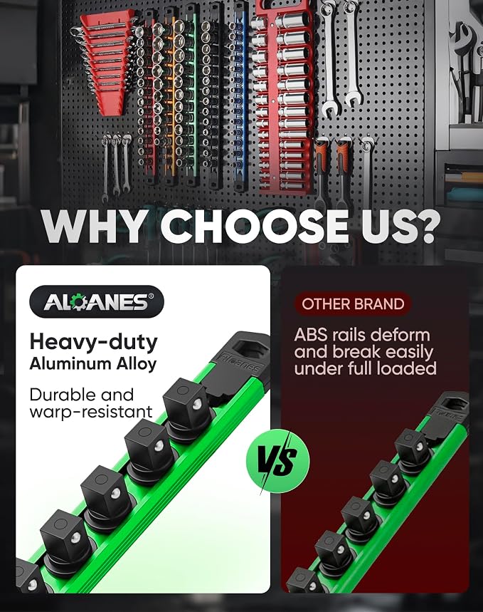 ALOANES Magnetic Socket Organizer Set, 3-Piece Heavy Duty Aluminum Socket Rails, 360° Swivel Clips Socket Rail Kit for Tool Tray Drawer Fit 1/4-Inch x 42 Clips (Green, 3PC)