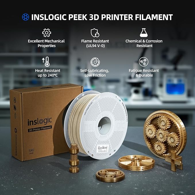 Inslogic PEEK Filament, 250g Refill High-Strength & Heat-Resistant 3D Printer Filament, UL94 V-0 Flame Retardant, Compatible with Bambu & Sunlu Spools, Natural