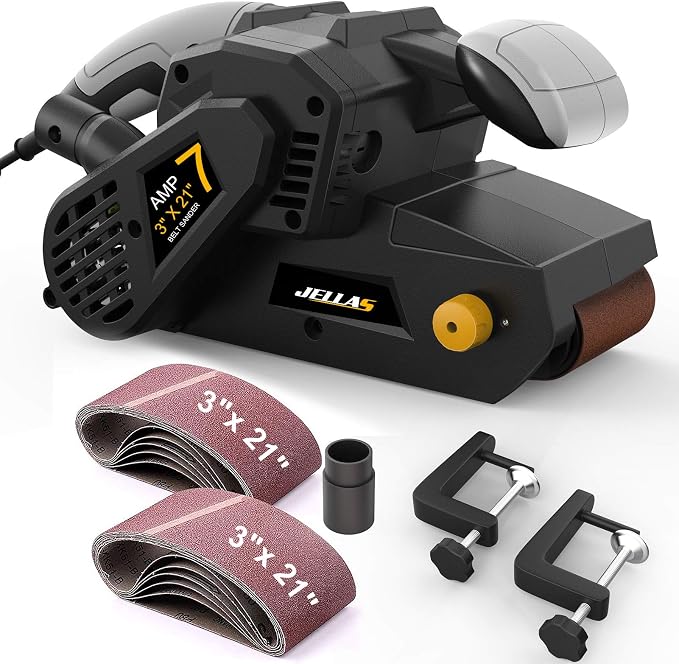 Jellas 3 × 21-Inch Belt Sander with Dust Bag, 7Amp Sander Machine with Variable-speed Control, 2 in 1 Vacuum Adapters, 10Feet (3 meters) Length Power Cord