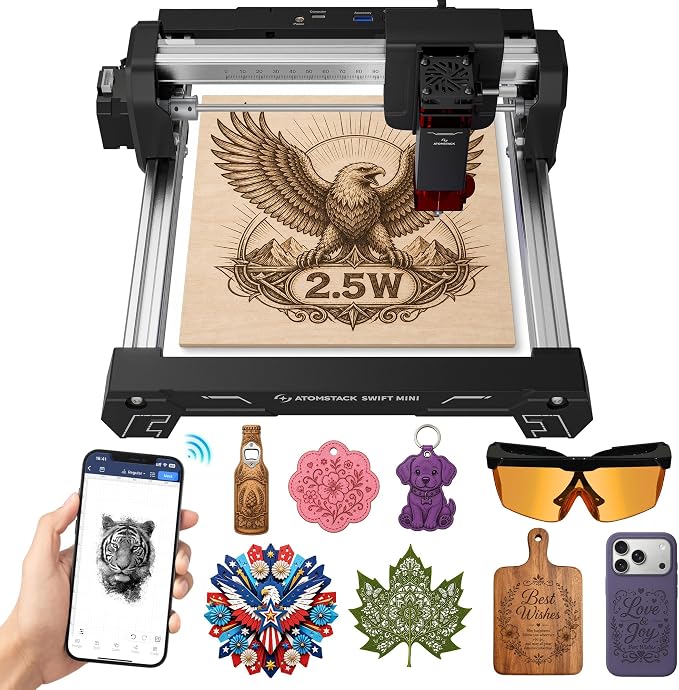 ATOMSTACK Swift 2.5W Laser Engraver Mini, Laser Engraving Machine for Wood Leather Acrylic, Desktop Laser Cutter, Fully Assembled, WiFi & USB, AI Software, 135×145mm Work Area, Black, 2500mW | for beginners