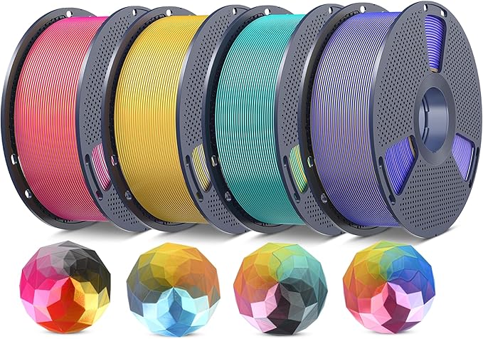 SUNLU Multicolor 4-Color Silk PLA+ Filament Bundle, Silk PLA+ 3D Printer Filament 1.75mm +/- 0.02mm, Shiny Silk Texture, 4kg in Total, 1kg per Spool, 4 Pack.