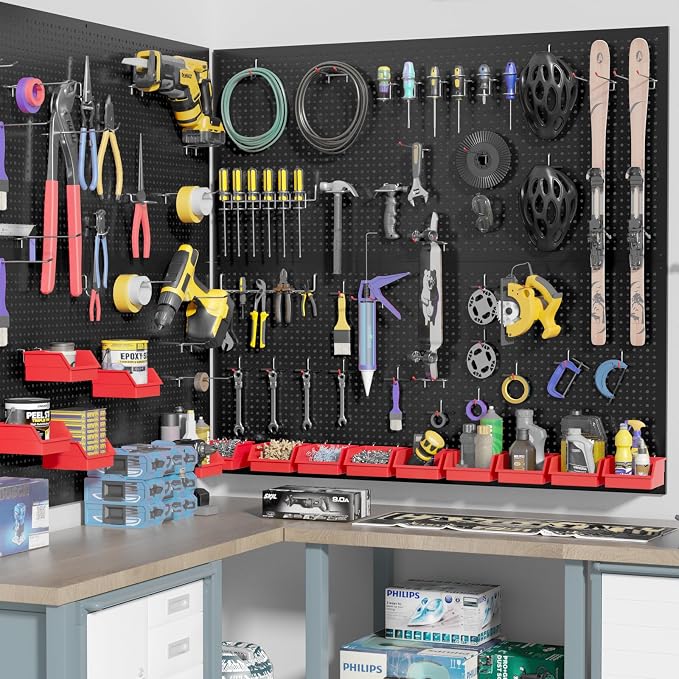 Peg Board kit with Accessories, Heavy Duty Steel Pegboard Kit with 180 PCS Varied Pegboard Accessories, Ideal for Tool Storage and Garage Organization, 16-Inch X 36-Inch, 2 Pack (Red Box)