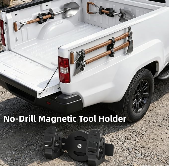 Magnetic Tool Holder for Truck, Double Tier No-Drill Quick Release Shovel Mount Bracket for Utility Tool Organizer Rubber Clamp for Garage, RV, Trailer, Cruise, ATV Storage Molle Panel Accessories