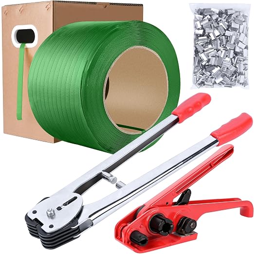 MYFAMIREA Heavy Duty Banding Strapping Kit with Tensioner Tool, 1/2"x 3500FT Green Polypropylene Plastic Packaging Strapping, 300 Metal Seals, Sealer Tool for Pallets, Logistics, Warehouse (Red)