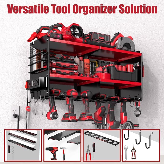 Spampur Fathers Day Gift – Power Tool Organizer Wall Mount with Charging Station, 420 lb Capacity 3-Tier Storage Rack Holds 6 Drills, Side Slots for Screwdrivers & Bits, Garage Storage for Men Gifts