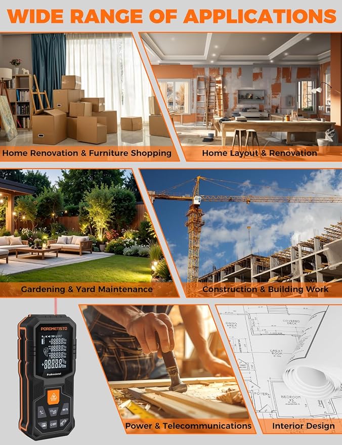 Laser Distance Meter POROMETISTO 164ft/50m, Digital Angle Finder, 12 Modes for Angle Area Volume Pythagorean Distance, ±2mm High Accuracy, Tripod Interface Design Handheld Digital Rangefinder