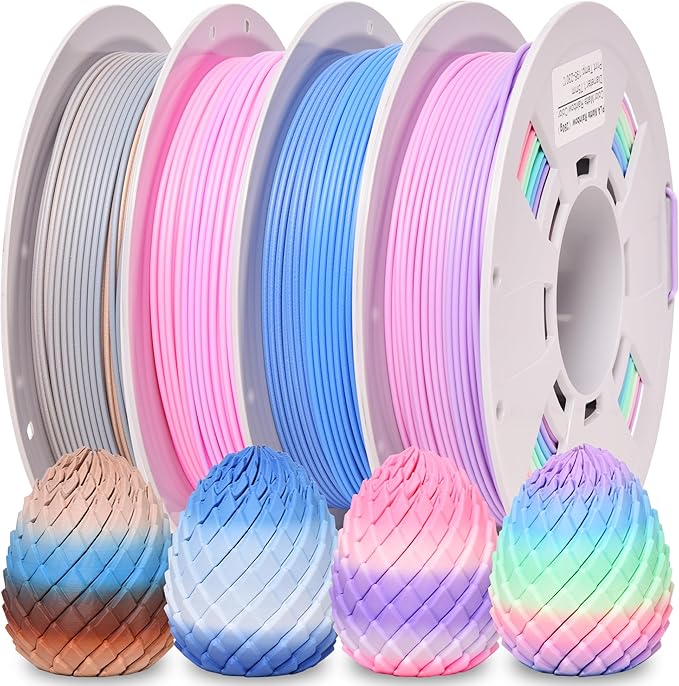 PINBALL Matte Rainbow PLA 3D Printer Filament 1.75mm, Matte Surface Multicolor PLA Filament 1.75mm, 250g Spool, 4 Rolls, Blue-Brown+Blue-White+Red-Purple+Matte Rainbow Color