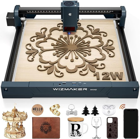 WIZMAKER Wand 12W Laser Engraver, 300×300mm High-Power Diode Laser Cutter for Wood, Leather, Paper, MDF, Felt, Coated Metals, Dark Acrylic, DIY, Small Business Projects