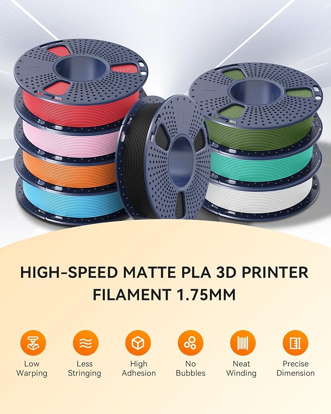 TECBEARS High Speed PLA 3D Printer Filament Bundle, Matte PLA Filament 1.75mm for High Speed 50-600mm/s, 8 Pack,250g Spool, Black+White+Blue+Orange+Pink+Red+Green+Olive Green