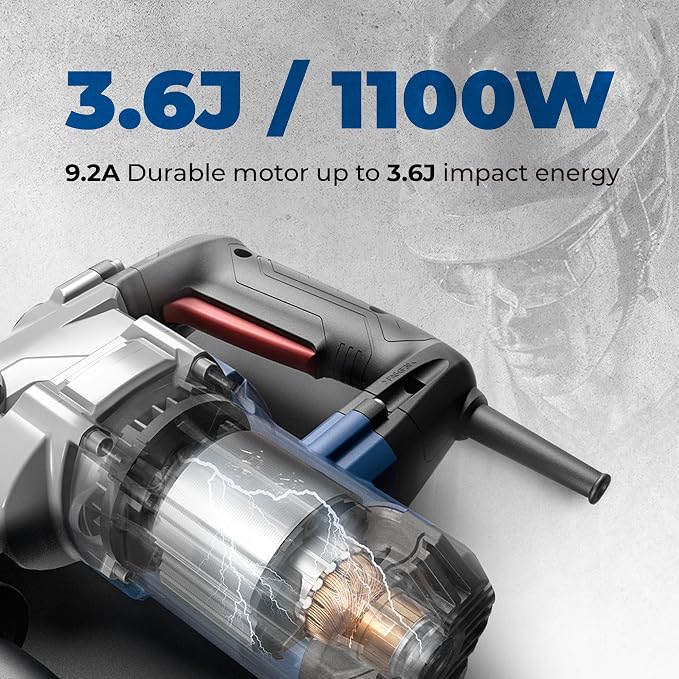 DongCheng 1-1/8 Inch SDS-Plus Rotary Hammer with 9.2A Motor, 3.6J Impact Energy, 5,000 BPM for Concrete & Demolition, Includes 3 Drill Bits, 2 Chisels, Case (Safety Clutch, 110V)