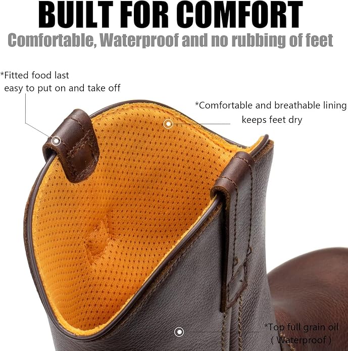 SUREWAY 10in Mens Waterproof Wellington Work Boot,Heavy Duty Pull On Leather Work Boots,GoodyearWelted,Full Grain Leather,Industrial Safety boot Classic Cowboy Boot,EH Rated Steel Toe DK BROWN