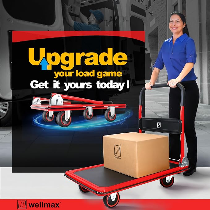 Push Cart Dolly by Wellmax, Moving Platform Hand Truck, Foldable for Easy Storage and 360 Degree Swivel Wheels with 660lb Weight Capacity, Red Color