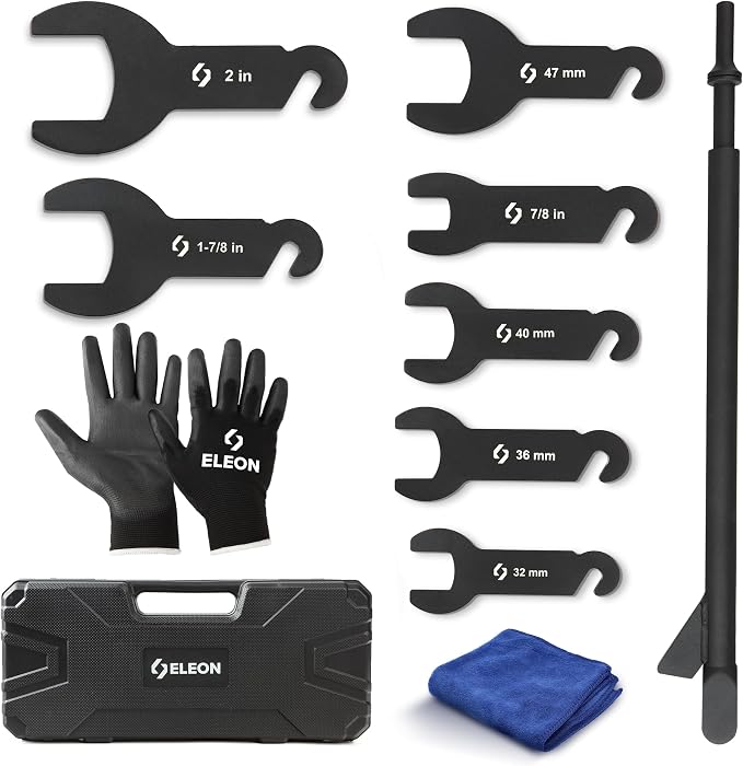 Eleon Pneumatic Fan Clutch Removal Tool Kit - 8PCS Powder Coated Carbon-Steel Pneumatic Fan Clutch Wrench Set Compatible with Ford, GM, Chrysler and Jeep - Includes 7 Attachments, Gloves and Towel